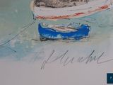 a drawing of a boat on the water with a cat in it