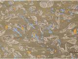 an image of a rug with blue and yellow paint on it