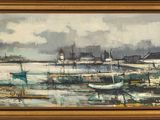 an oil painting of boats in a harbor on a cloudy day