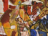 an image of a painting of three women playing a game of frisbee