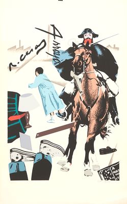 une affiche représentant un homme à cheval, une épée à la main