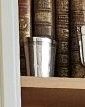 un chat assis sur une étagère devant une bibliothèque