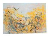 an oil painting of a bird flying over a field of yellow flowers
