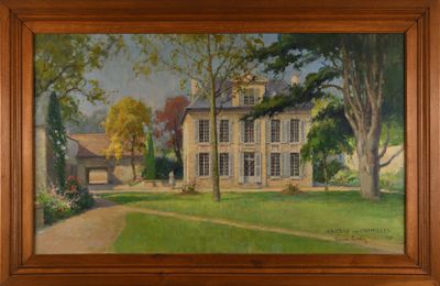 une peinture à l'huile représentant une maison dans un champ bordé d'arbres