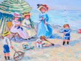 a painting of a group of people on the beach