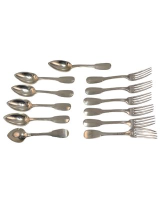 six forks and spoons are arranged in a row on a white surface