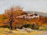 an oil painting of a tree in a field with a building in the background