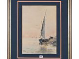 a painting of a sailboat on the water with a sky background