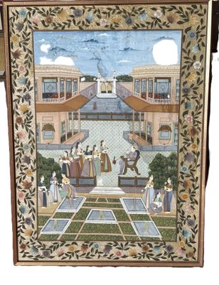 Inde : grande gouache sur tissu : scène de palais.