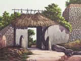 a painting of a building with a thatched roof