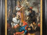 a painting of a painting of a man on a horse with other people