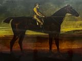 a painting of a man riding a horse in a field