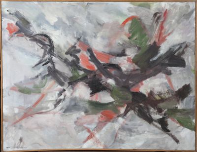 peinture représentant un tableau en noir et blanc, réalisée à la peinture rouge et verte