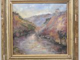 a painting of a river with mountains in the background