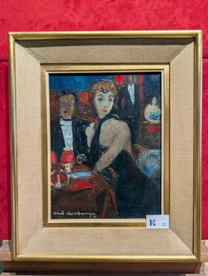 une peinture à l'huile représentant une femme assise à une table devant un mur rouge
