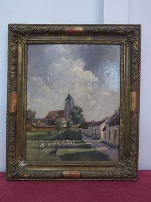 une peinture à l'huile représentant une église avec des moutons au premier plan