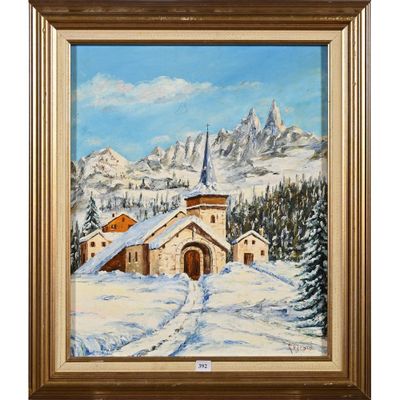 a painting of a church in the snow with mountains in the background