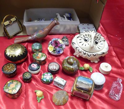 a red table cloth with many different items on it