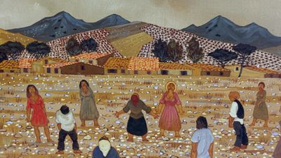 painting of a group of people in a field with mountains in the background