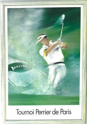 tableau représentant un homme en train de frapper une balle de golf avec un club de golf en arrière-plan