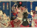 three panels of a painting of a woman and a man on horseback