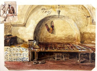 une peinture représentant une pièce avec un lit et une table