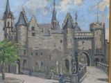 a painting of a castle with a clock tower in the background