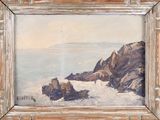 an oil painting of a rocky coast with a body of water in the foreground