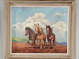 un tableau représentant des chevaux tirant une charrue dans un champ