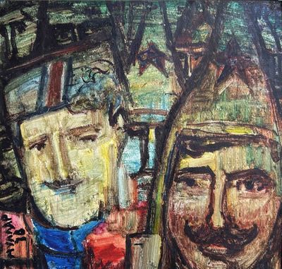 tableau représentant un homme et une femme portant des chapeaux et des écharpes devant un immeuble