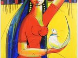 une image représentant un tableau où l'on voit une femme tenant un oiseau