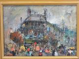une peinture à l'huile représentant une foule de personnes marchant dans une rue