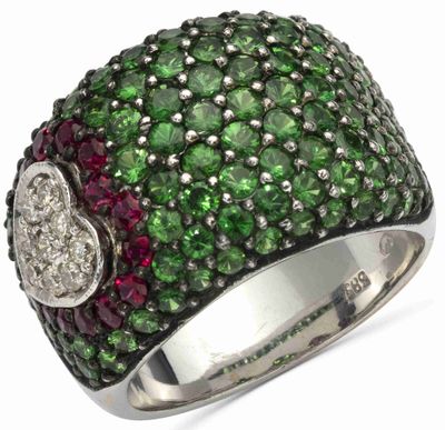 Bague 'Coeur' EN OR Gris 14k, Diamants, Tsavorite, Rubis