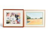 deux tableaux encadrés représentant des fleurs sur fond blanc et une photo d'un champ