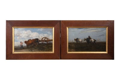paire de peintures à l'huile du XIXe siècle représentant des chevaux tirant une charrue