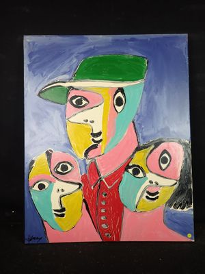 un tableau représentant un homme et trois femmes, dont l'une porte un chapeau vert