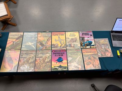 une table sur laquelle sont posées plusieurs bandes dessinées