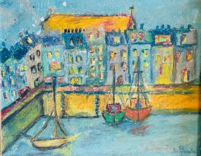 une peinture représentant une scène portuaire avec des bateaux dans l'eau