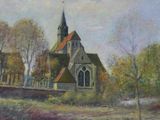 a picture of a painting of a church in the country