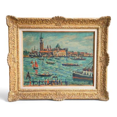 tableau représentant une vue de Venise avec des bateaux et des personnes sur l'eau