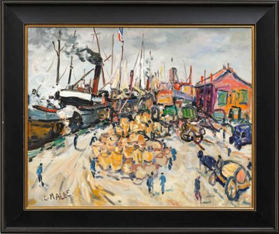 tableau représentant une scène portuaire avec des bateaux et des personnes se promenant sur la plage