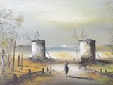 painting of two windmills in a field with a person walking down the road