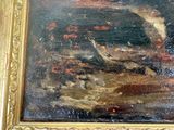 a picture of a painting of a man and a dog in the water
