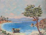 une peinture d'un bateau sur la plage au bord de l'eau
