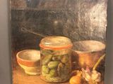 painting of a still life of a jar of pickled vegetables on a table