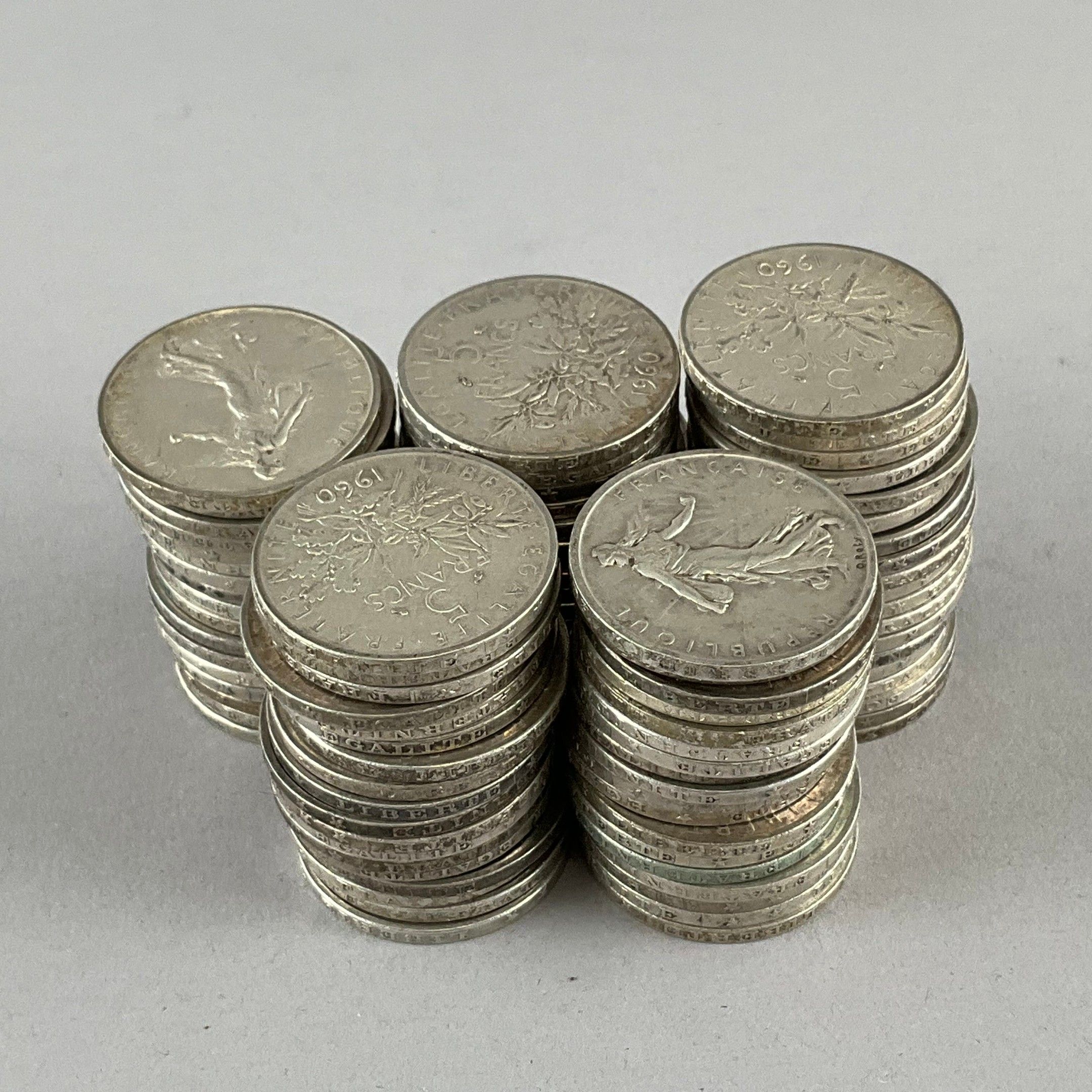 FRANCE, Ve République. 90 x 5 F argent type Semeuse 1960.