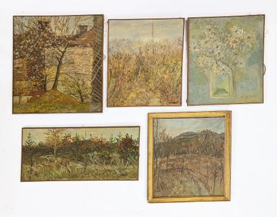 four paintings hanging on the wall of a room