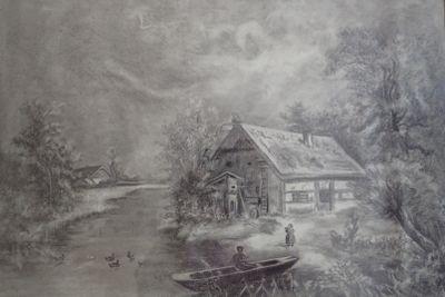 tableau représentant un bateau sur une rivière, avec une grange en arrière-plan