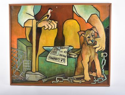 un tableau représentant un homme et un chien posés sur une table