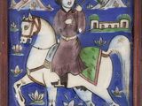 tableau représentant un homme à cheval dans un champ fleuri